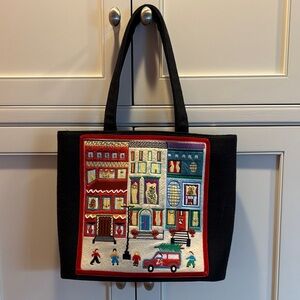 Lulu Guinness Black Tote with Colorful Embroidery